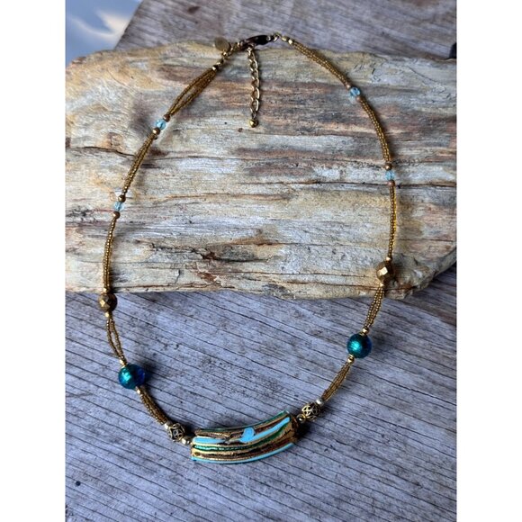 Perini Signed Multi Strand Seed Bead Necklace 17” Adjustable Blue Teal Glass